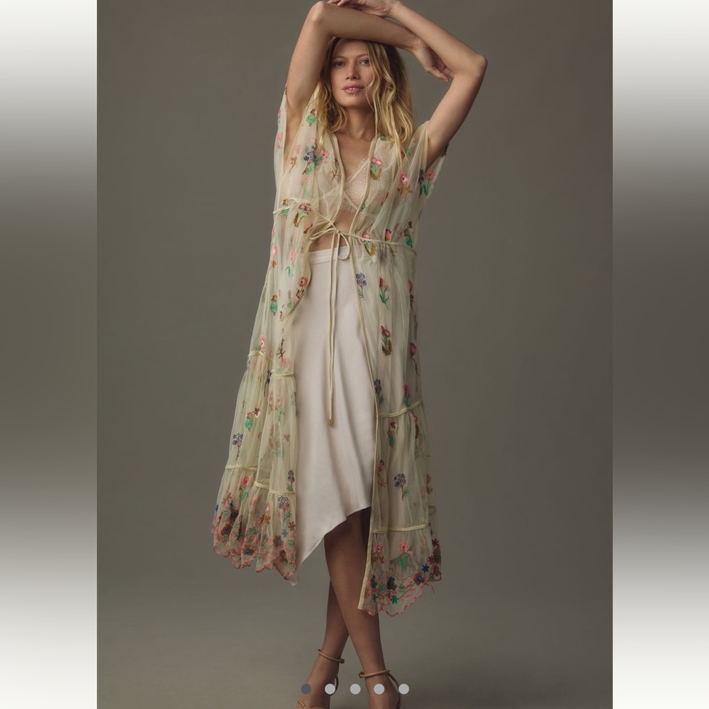 Anthropologie Floral Embroidered Sheer Kimono - Cream